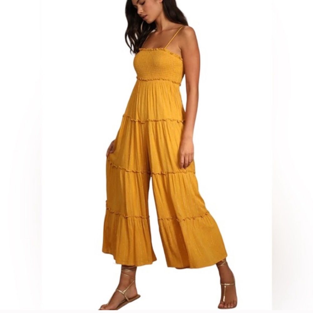 Lulus Golden Yellow Smocked wide-leg jumpsuit